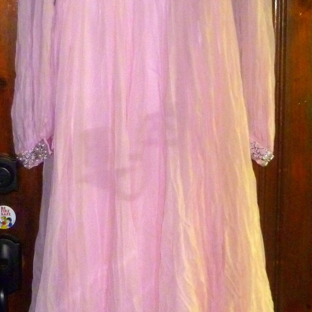 Vintage 60s India Pink Chiffon Sateen Sleeves Pearl Beaded Trim Ball Gown